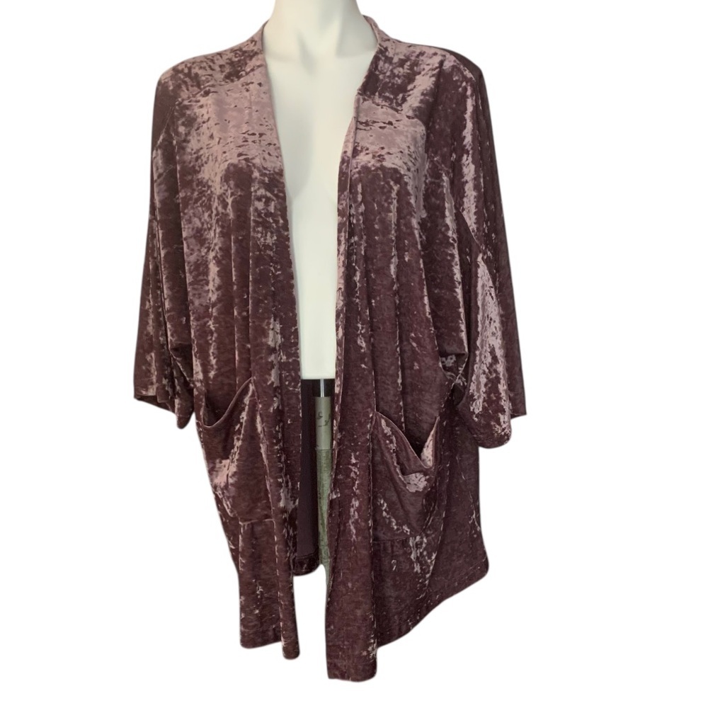 American Eagle Crushed Velvet Open Front Patch Pocket Cardigan Purple Sz L